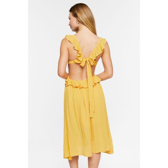 FOREVER 21 Yellow Gold Ruffle Tie-Back Midi Dress Womens Size Large - Picture 2 of 9